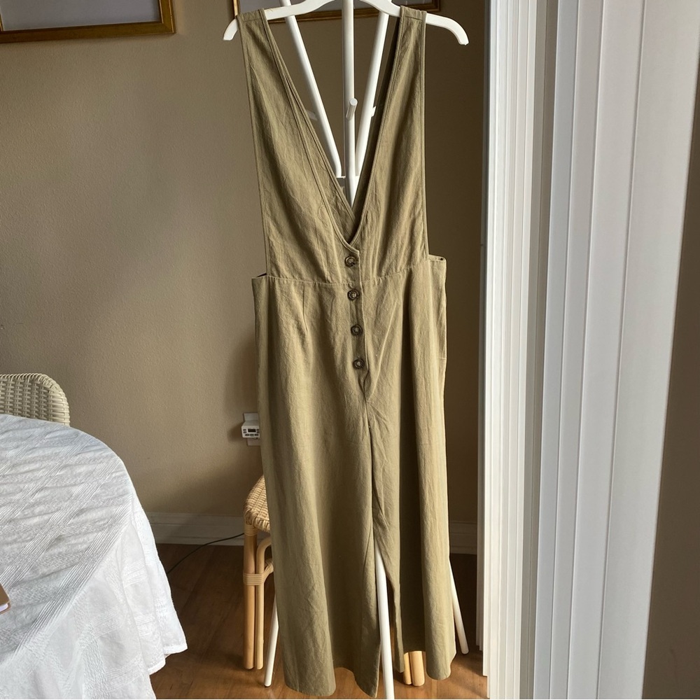 Olive Green Button-Front Jumpsuit - Linen Style Romper - Neutral Green Jumper
